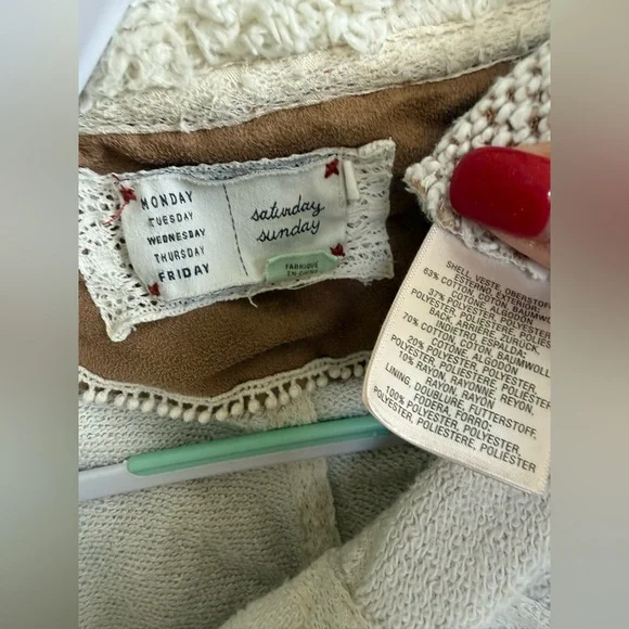 Anthropologie -Saturday Sunday-Cozy Cream/Tan Open-Front Sherpa Shawl/Cardigan - Picture 4 of 15